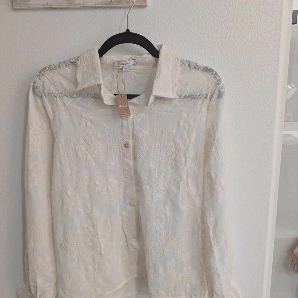 Off white semi sheer lacey button up blouse